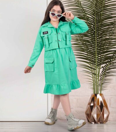 کت و سارافون کتان سبز مناسب سن 7 الی 15 سال