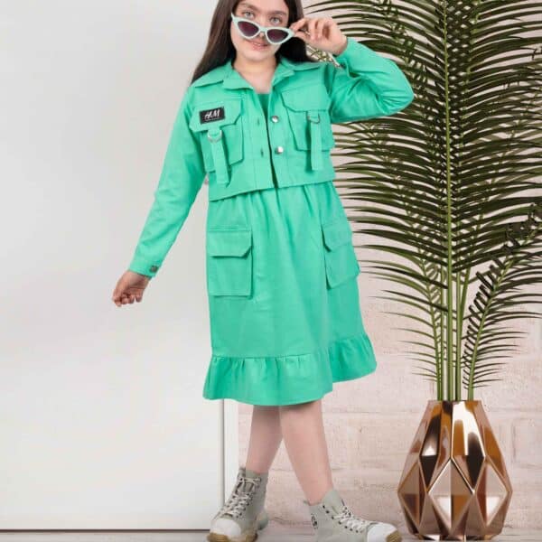 کت و سارافون کتان سبز مناسب سن 7 الی 15 سال