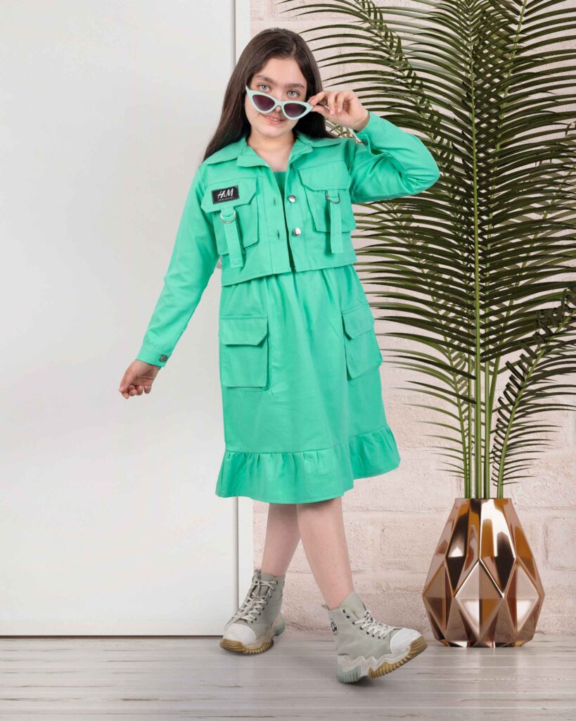 کت و سارافون کتان سبز مناسب سن 7 الی 15 سال