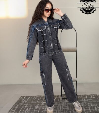 کت و شلوار جین نوجوان رنگ زغالی مناسب ۸ تا ۱۴ سال