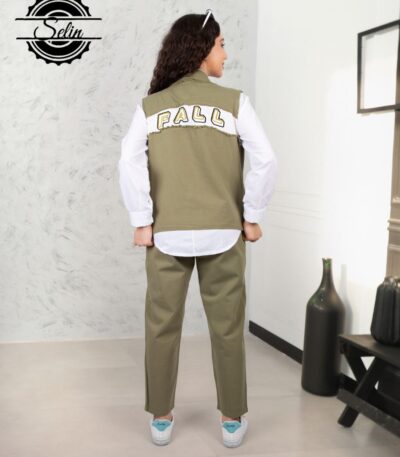 ست کتان سه تکه نوجوان مناسب 8 تا 14 سال رنگ سبز سدری نمای پشت