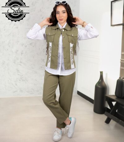 ست کتان سه تکه نوجوان مناسب 8 تا 14 سال رنگ سبز سدری