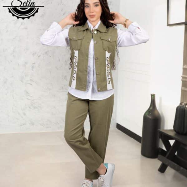 ست کتان سه تکه نوجوان مناسب 8 تا 14 سال رنگ سبز سدری