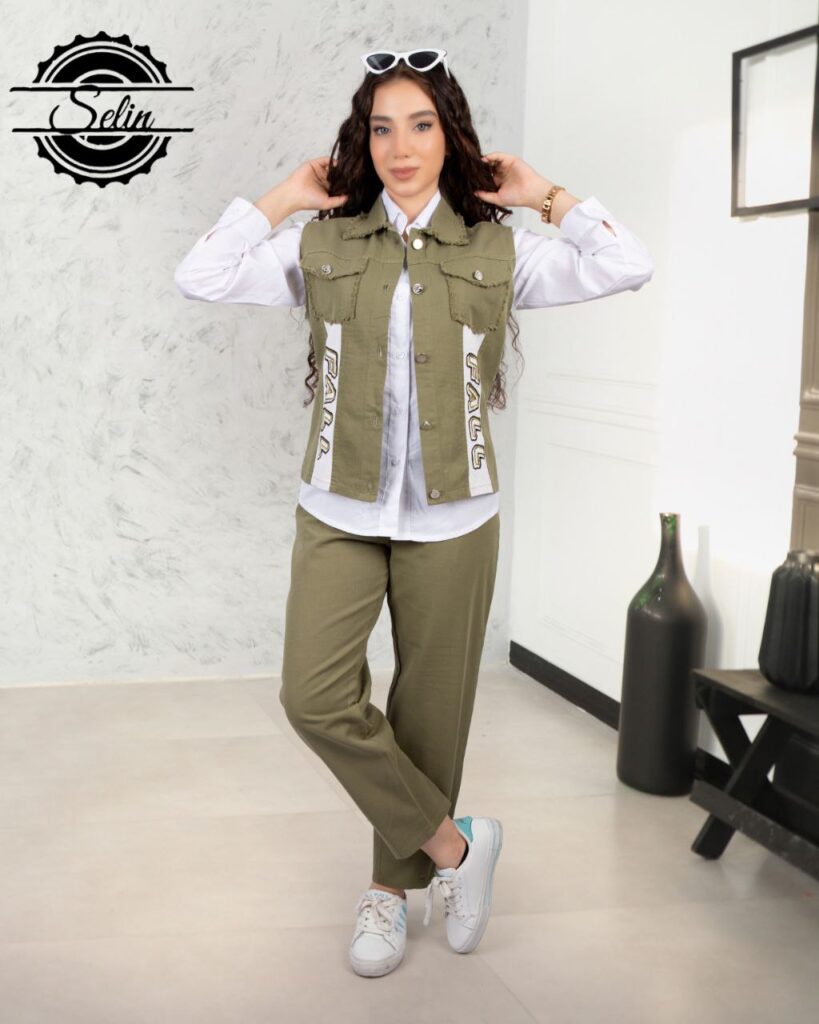 ست کتان سه تکه نوجوان مناسب 8 تا 14 سال رنگ سبز سدری