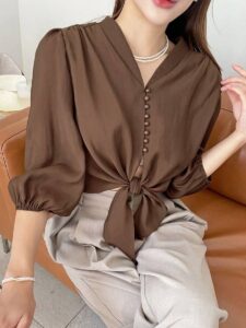 بلوز گره ای حریر قهوه ای دخترانه