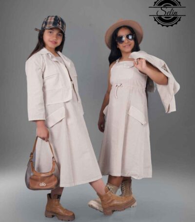 کت و سارافون کتان نازک آنزیم شور شده کرم رنگ سایز 50 تا 65