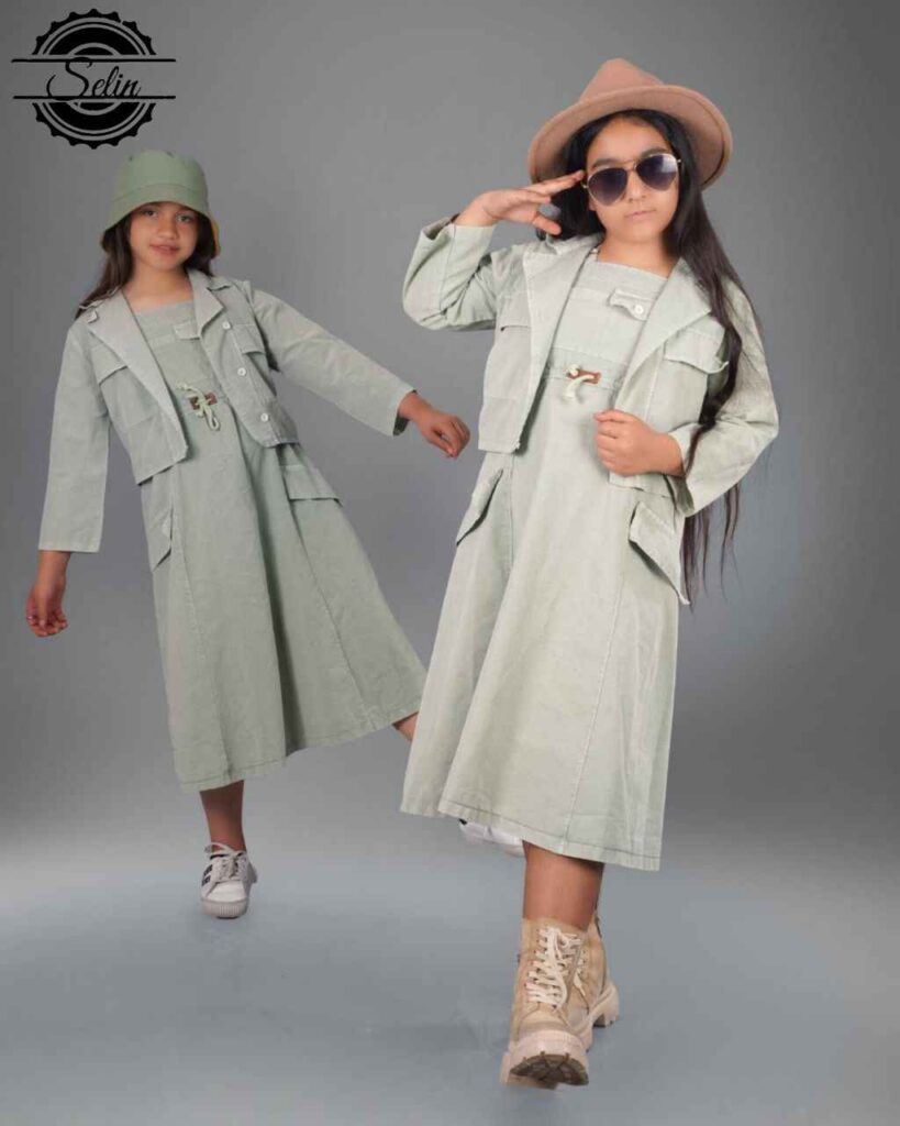 کت و سارافون کتان نازک آنزیم شور شده سبز رنگ سایز 50 تا 65