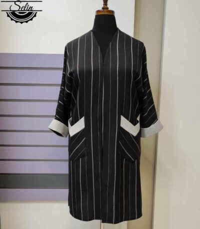 مانتو مشکی راه راه آستین پاکتی سفید فری سایز تا 56