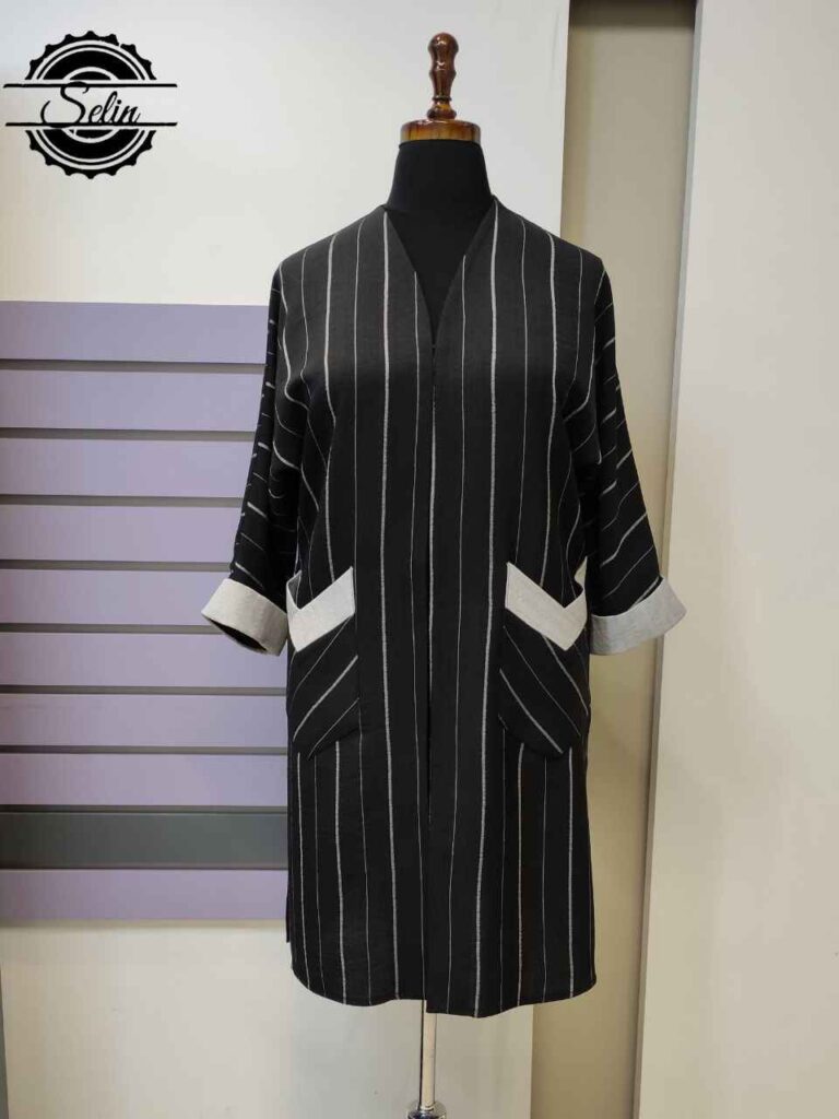 مانتو مشکی راه راه آستین پاکتی سفید فری سایز تا 56