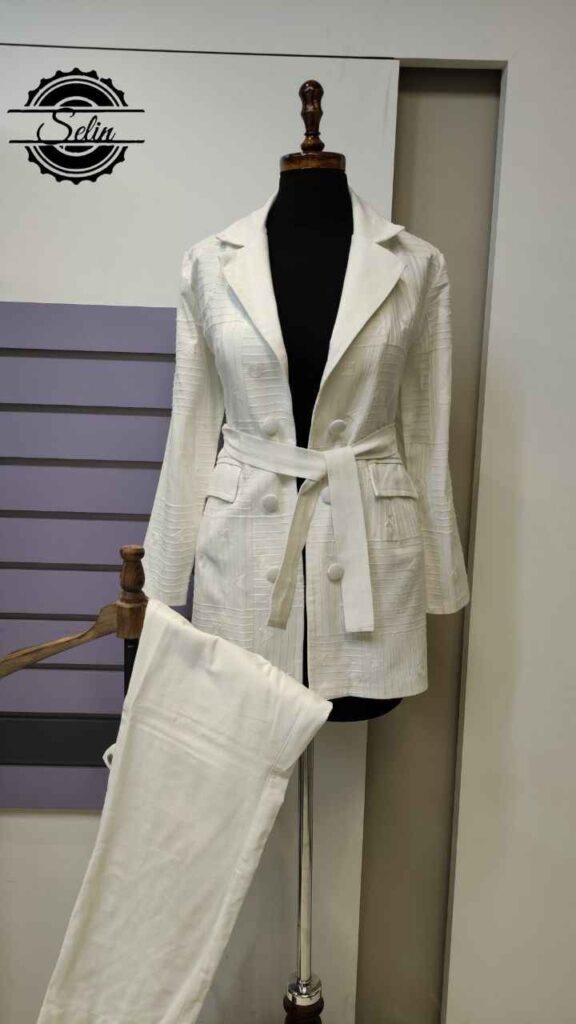 کت و شلوار لنین زنانه رنگ کرم