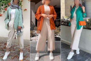 استایل شلوار لنین کرم با مانتو و شومیز رنگی ویژه تابستان